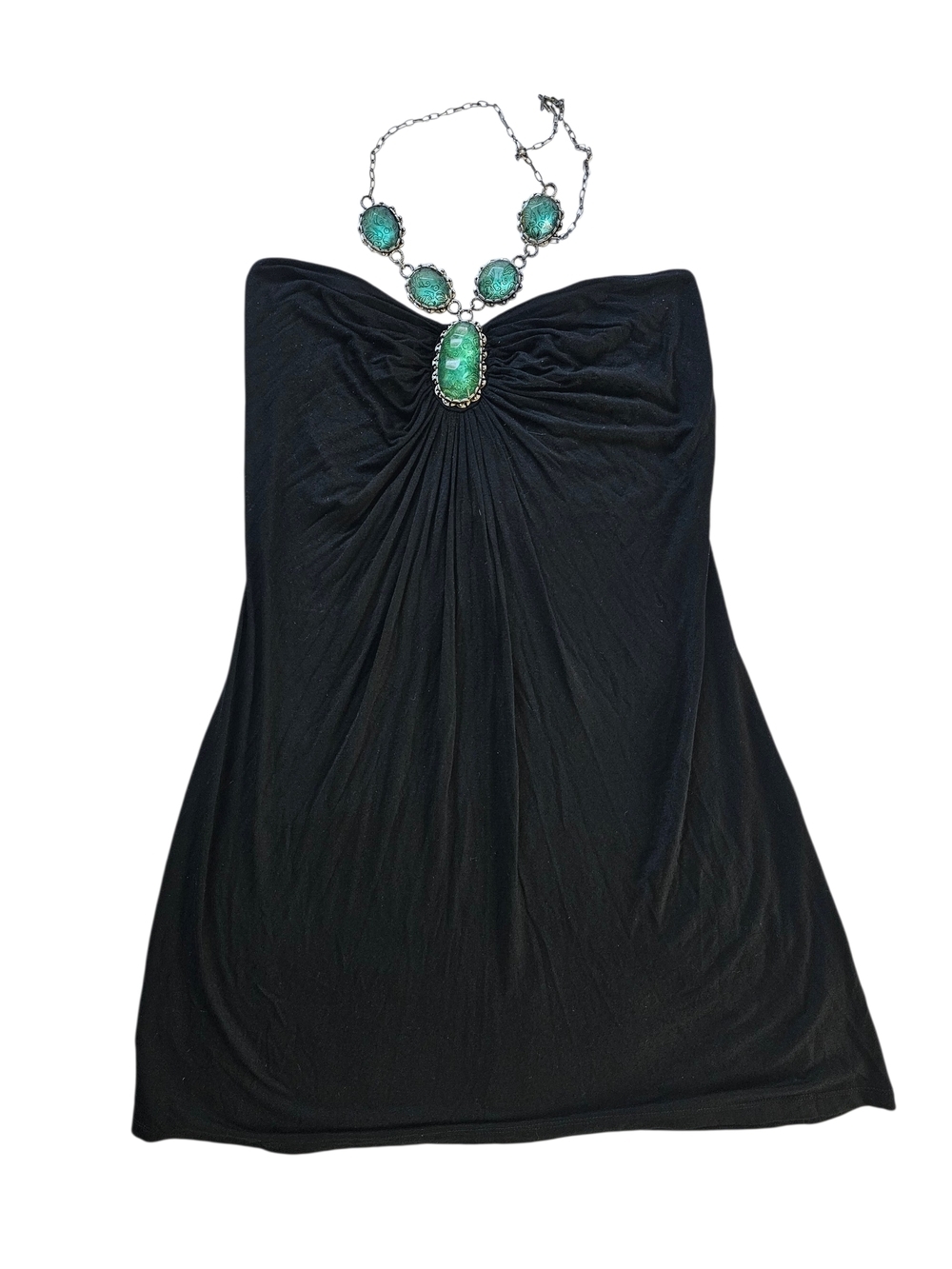 Y2K Double Zero Black Strapless Ruched Tube Dress with Green Gem Accent